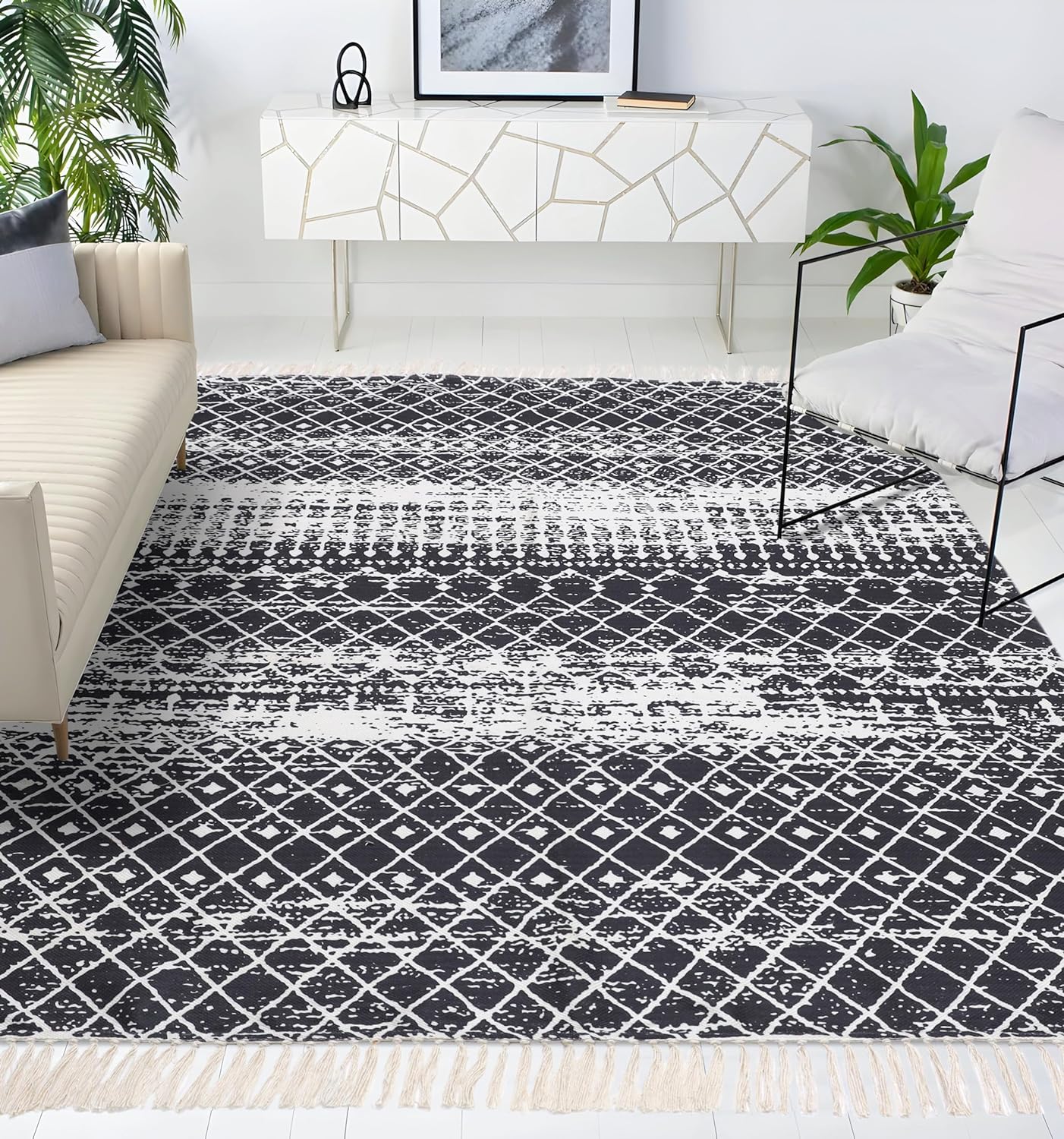 Charcoal Trellis Tassel - Machine Washable Area Rug